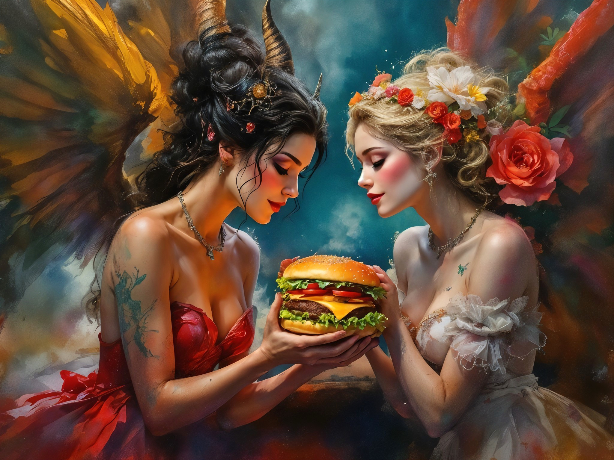 Contrasting Women with Colorful Burger in Ethereal Setting