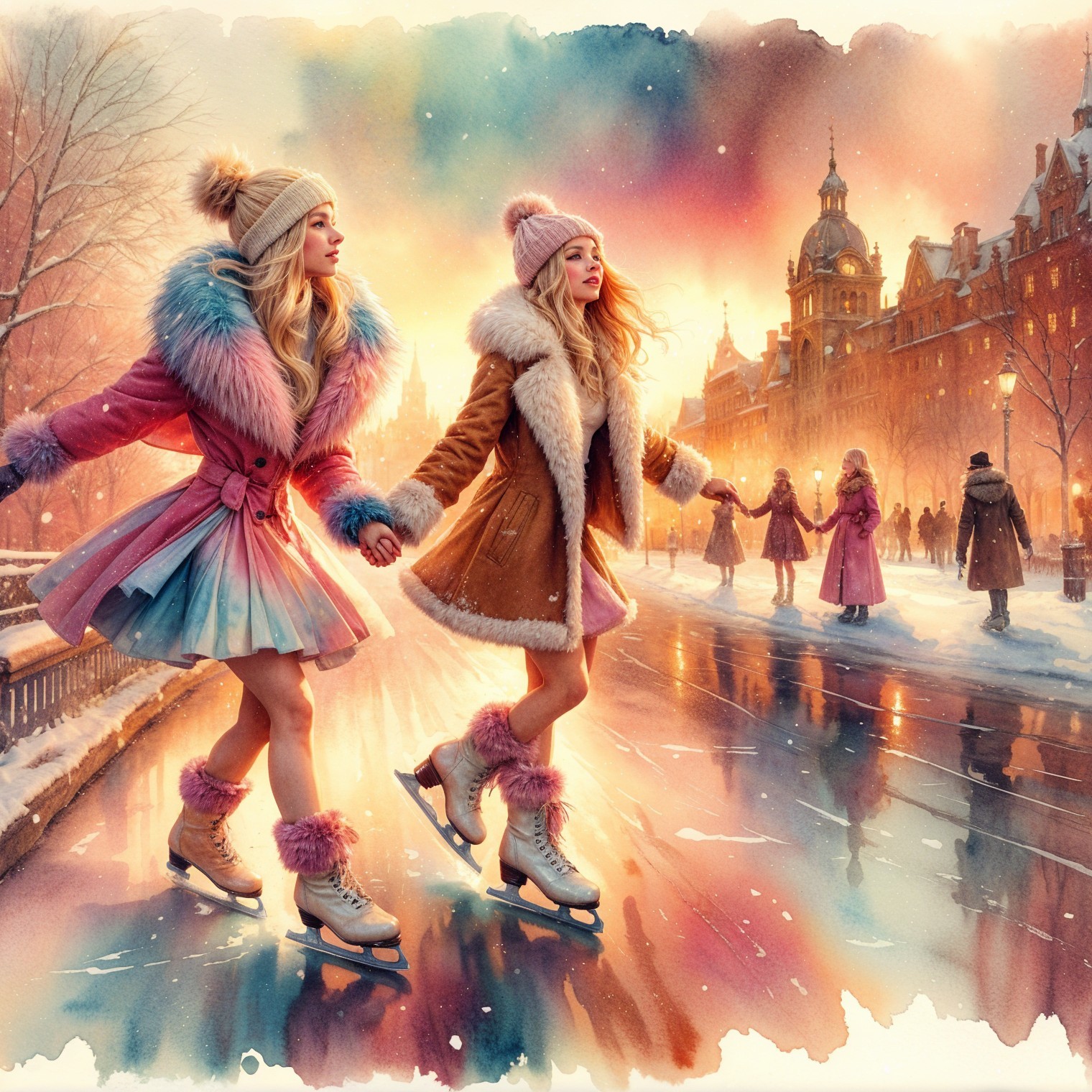 Young Women Skating on Icy Canal at Sunset