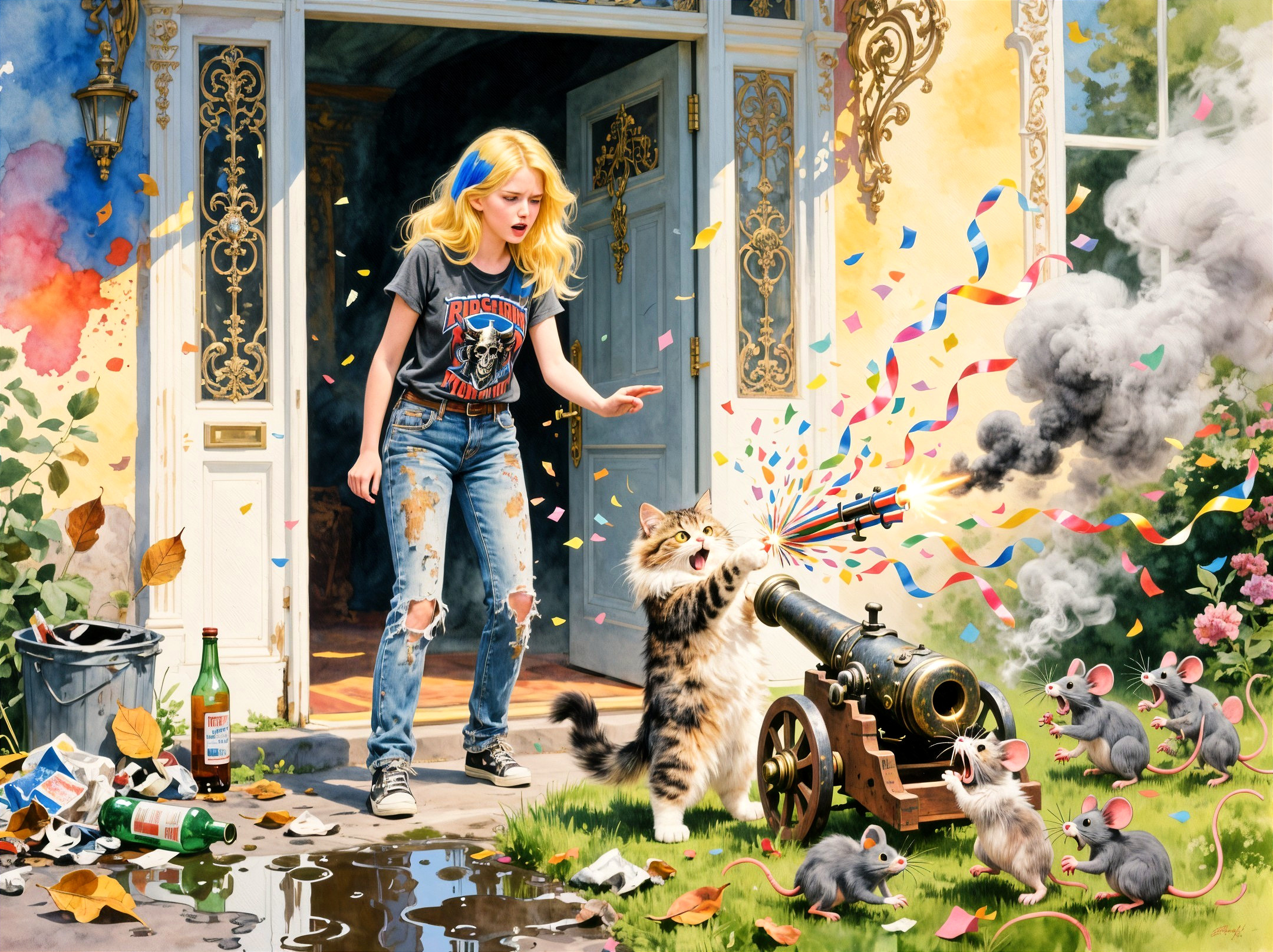 Young Woman Surprised by Cat's Confetti Cannon