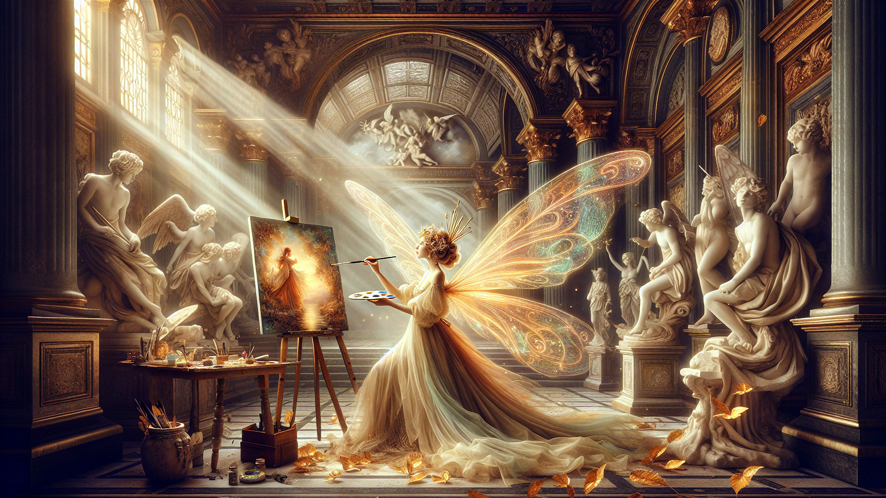 Fairy Painting in an Opulent Hall with Sculptures