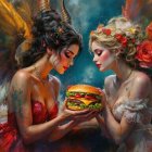 Contrasting Women with Colorful Burger in Ethereal Setting