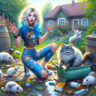 Girl with Blue Hair Surrounded by Animals in Chaos