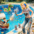 Vibrant Pool Scene with Colorful Characters and Decor