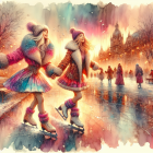 Young Women Skating on Icy Canal at Sunset