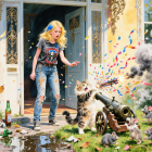 Young Woman Surprised by Cat's Confetti Cannon