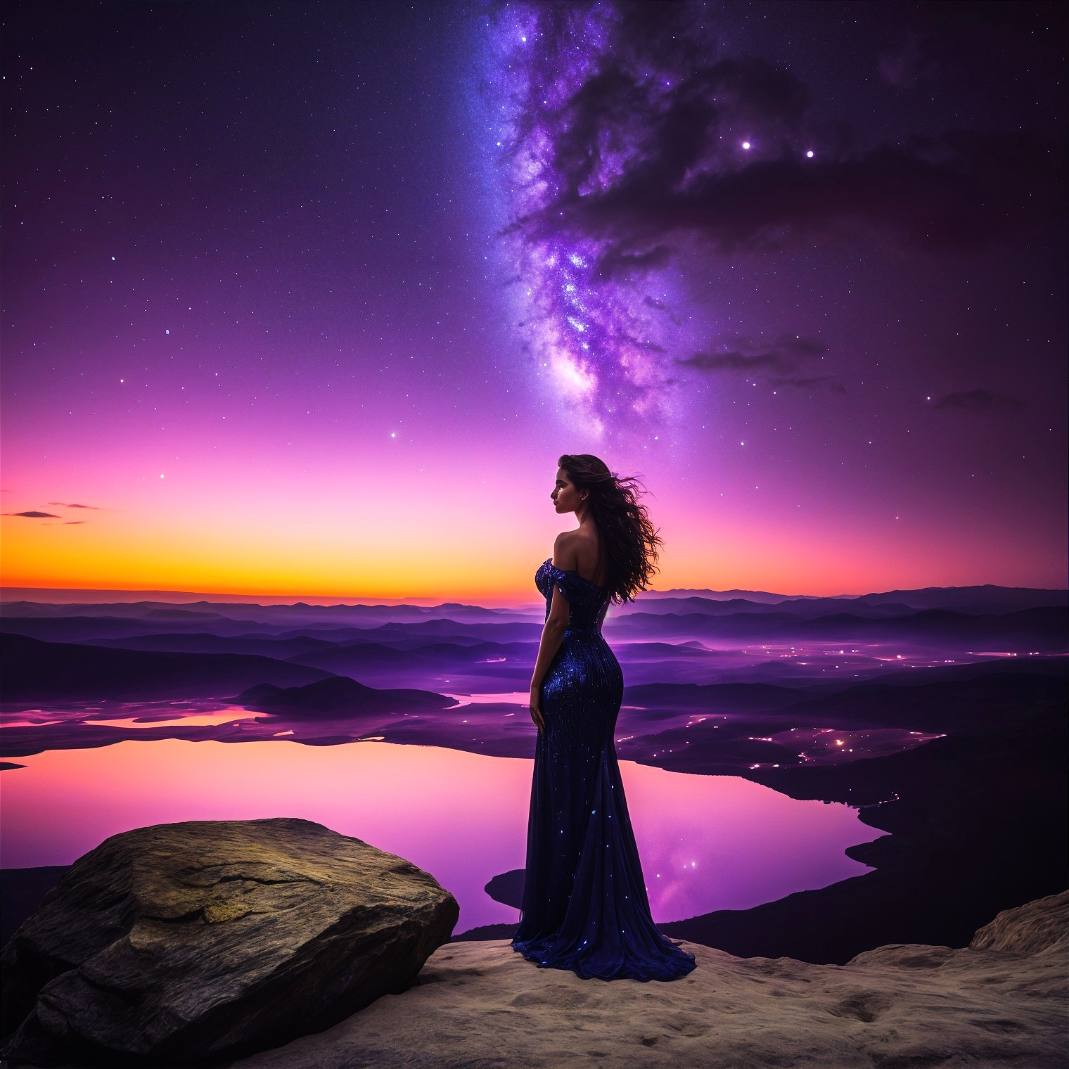 Silhouette of Woman in Blue Gown at Twilight Landscape