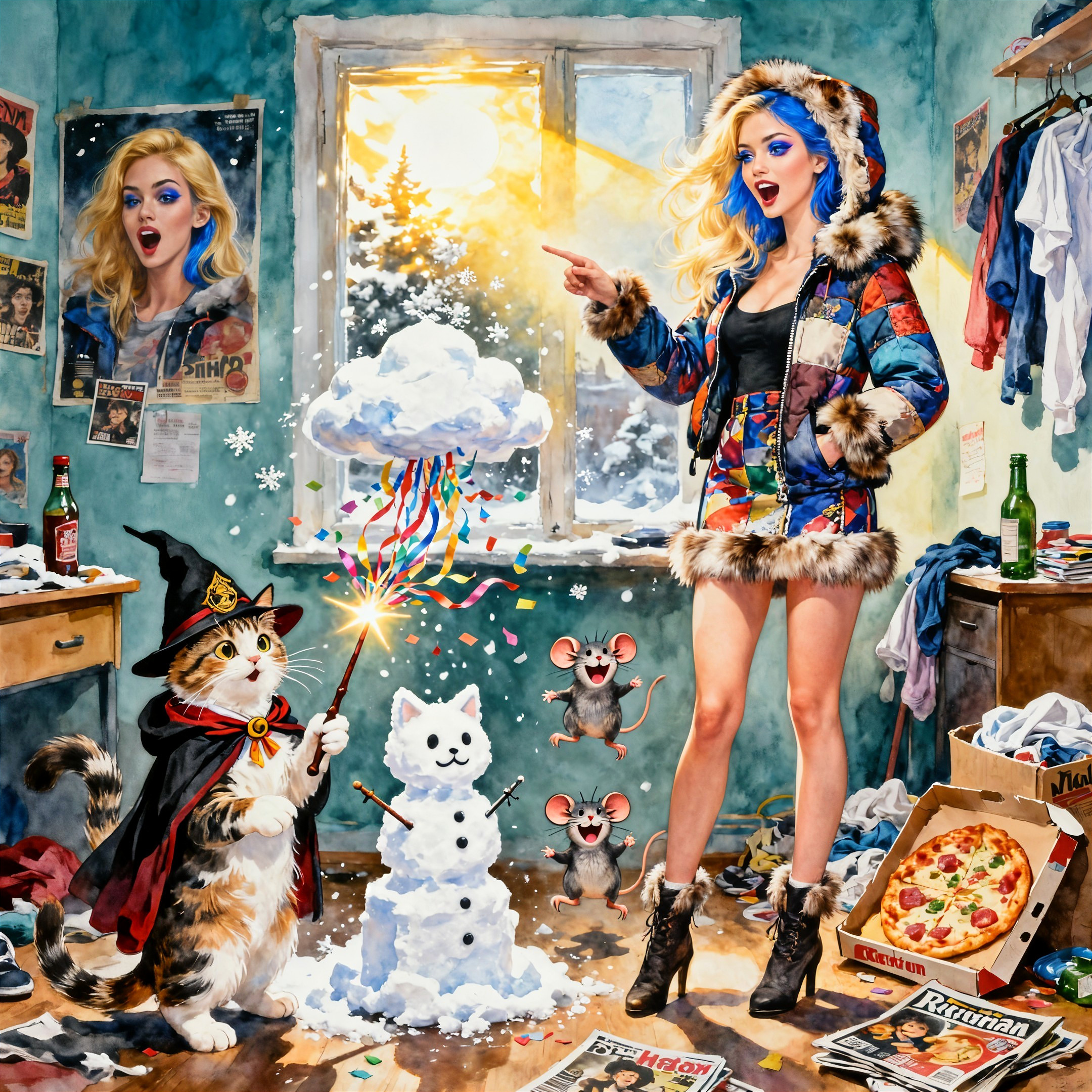 Whimsical Room with Blue-Haired Woman and Cat