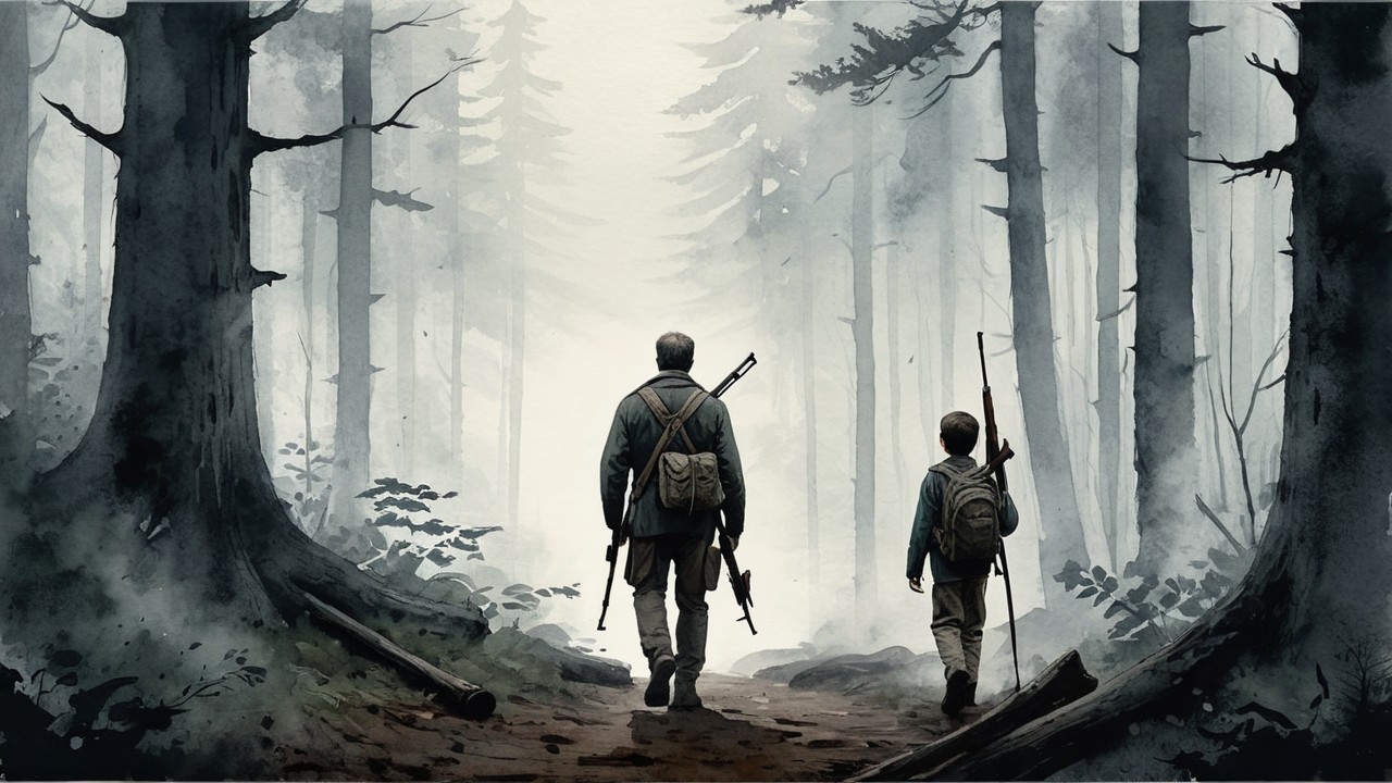 Misty Forest Journey of a Man and Boy with Guns