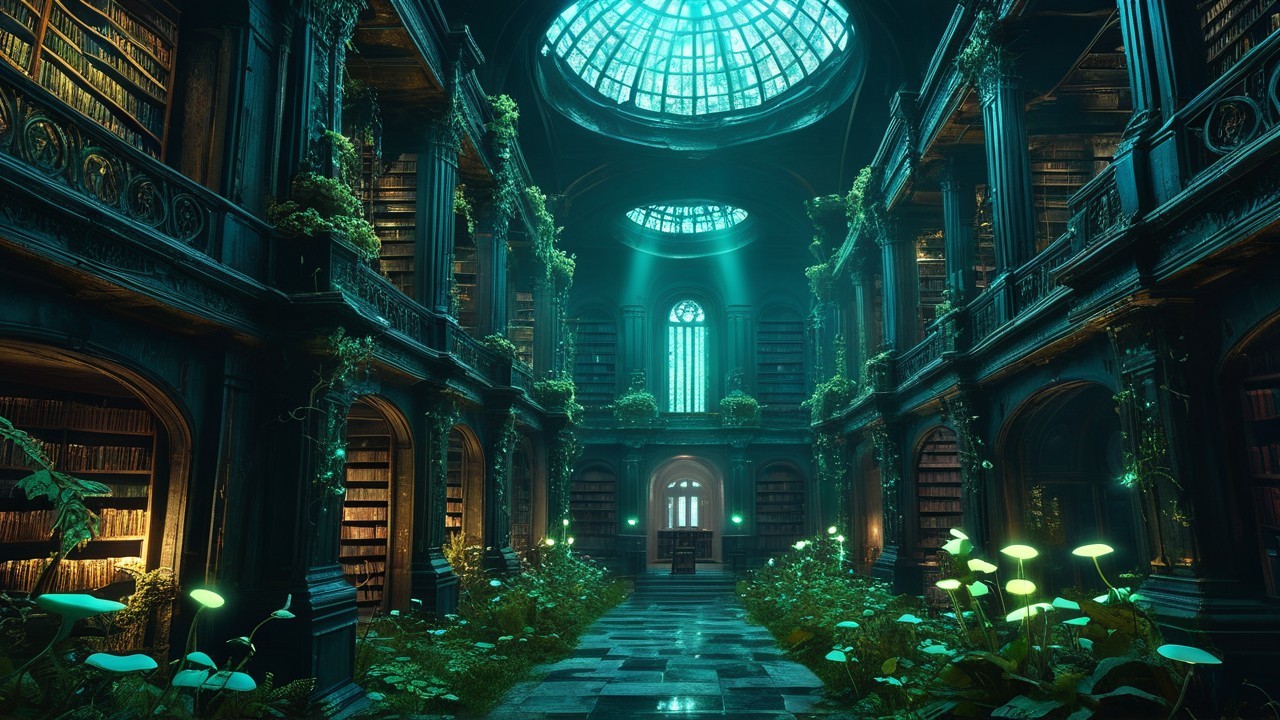 Ancient library with towering shelves and ambient lighting