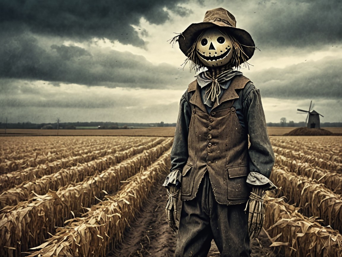Scarecrow in Golden Corn Field Under Cloudy Sky