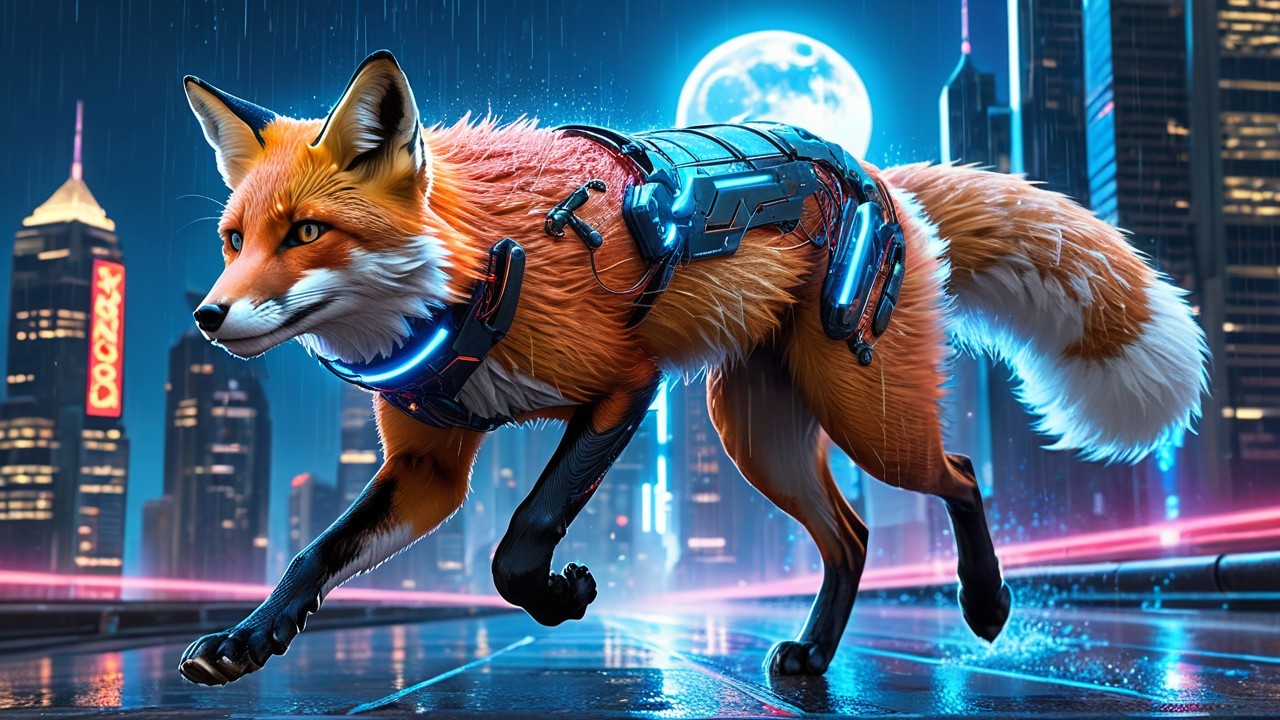 Futuristic Orange Fox in Neon Cityscape at Night