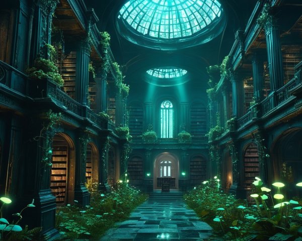 Ancient library with towering shelves and ambient lighting