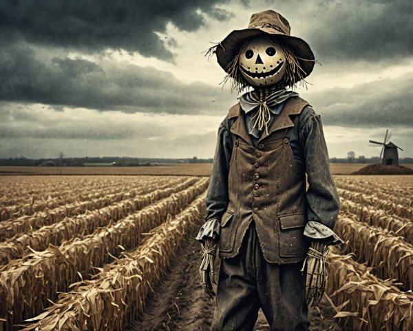 Scarecrow in Golden Corn Field Under Cloudy Sky