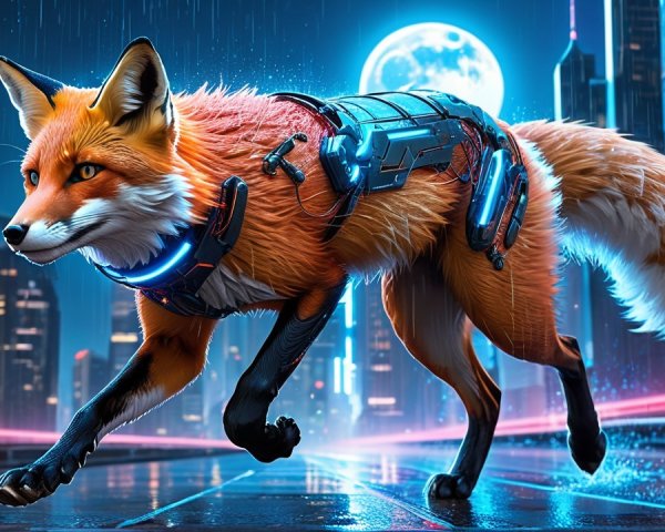 Futuristic Orange Fox in Neon Cityscape at Night