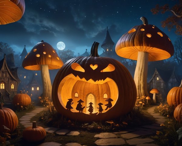 Whimsical Halloween Scene with Carved Pumpkin and Silhouettes