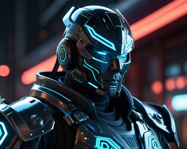 Futuristic robotic figure in black armor with blue accents