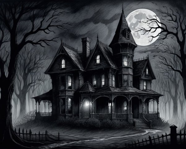 Haunted Victorian Mansion Under Full Moon at Night