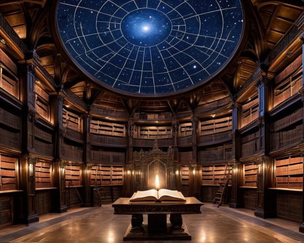 Circular library with wooden shelves and starry ceiling