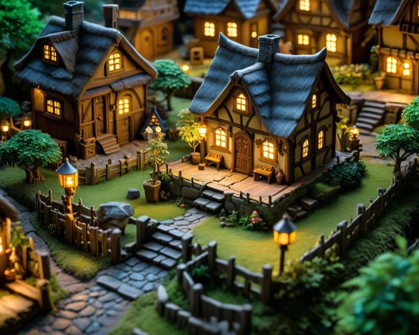 Miniature village scene with cottages and twinkling lights