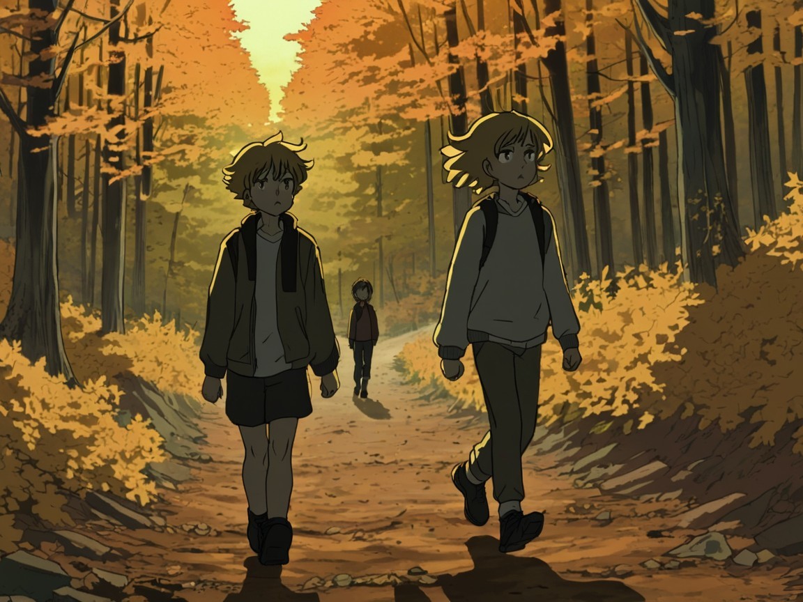 Children Walking in an Autumn Forest Scene