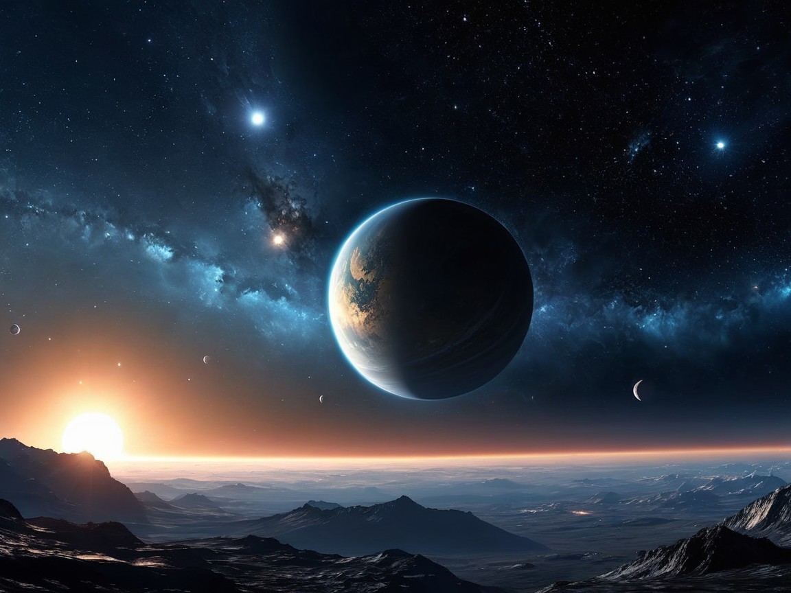 Celestial Scene of Distant Planet with Moons and Stars