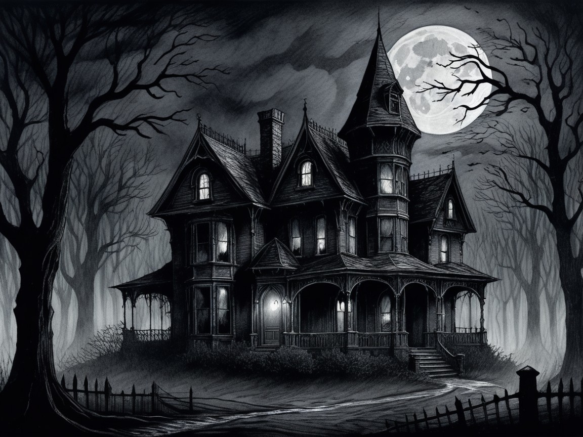 Haunted Victorian Mansion Under Full Moon at Night