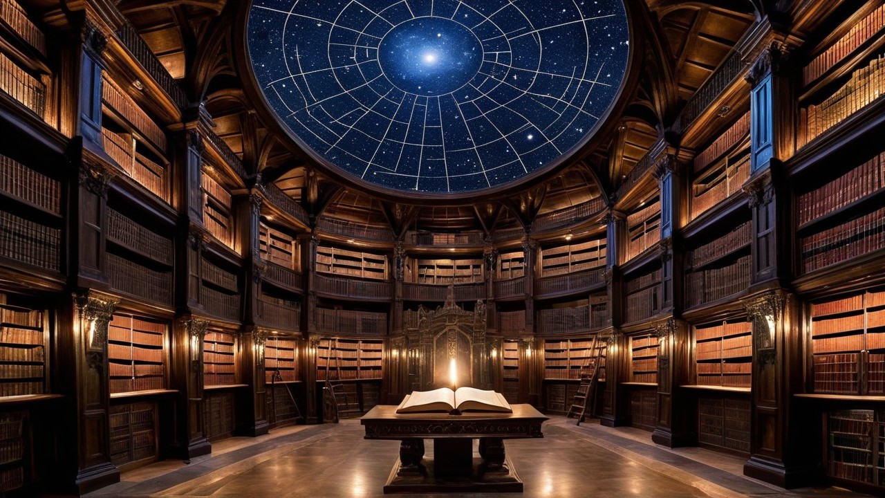 Circular library with wooden shelves and starry ceiling