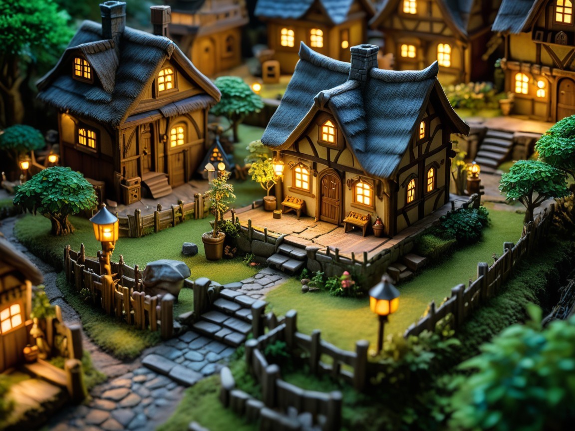 Miniature village scene with cottages and twinkling lights