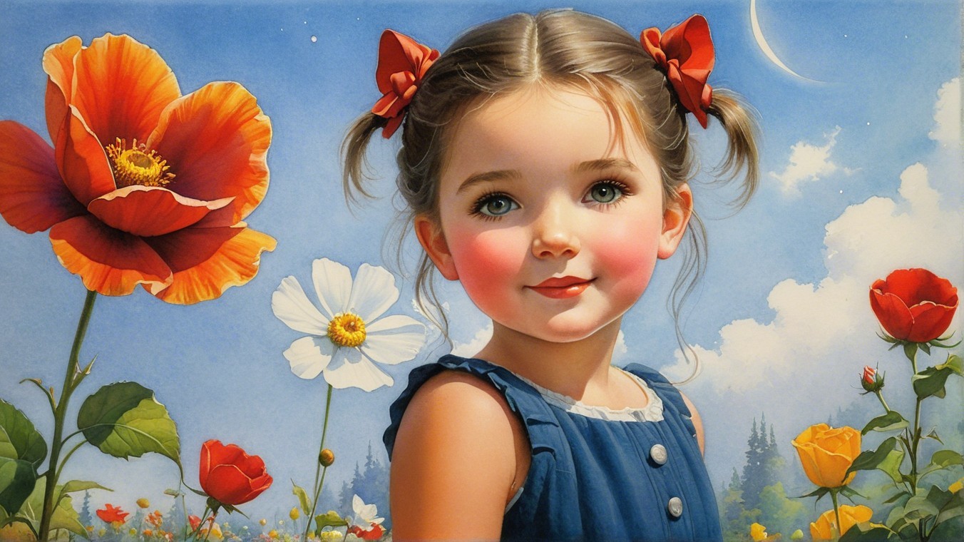 Young girl with pigtails in a colorful garden scene
