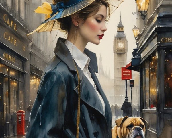 Stylish woman in dark coat and yellow hat in London rain