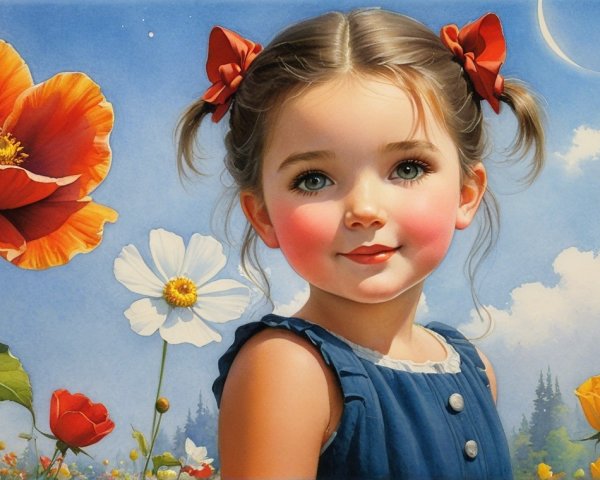 Young girl with pigtails in a colorful garden scene