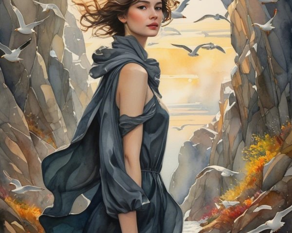 Young Woman in Canyon at Sunset with Seagulls
