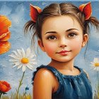 Young girl with pigtails in a colorful garden scene