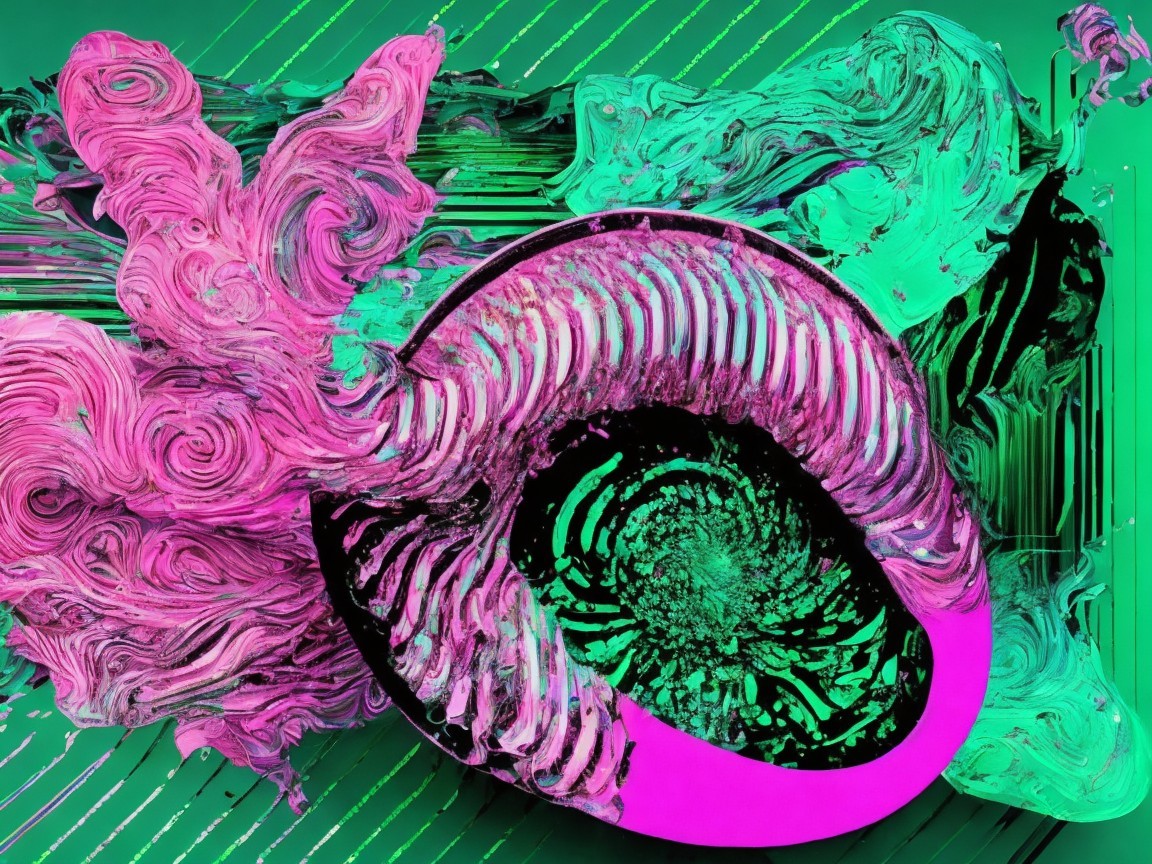 Abstract Artwork with Swirling Pink and Green Patterns