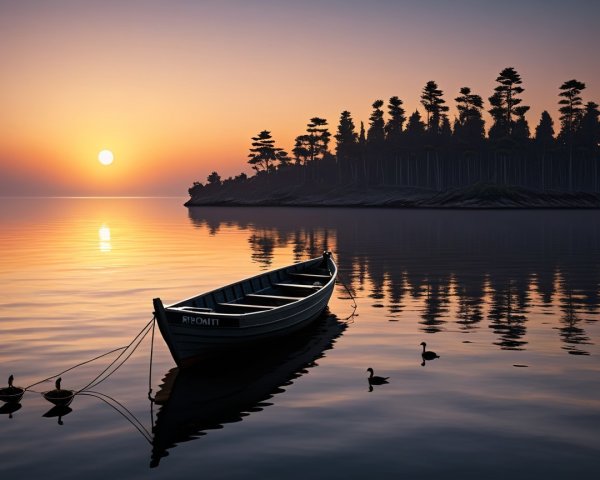 Tranquil Landscape with Sunset and Reflections