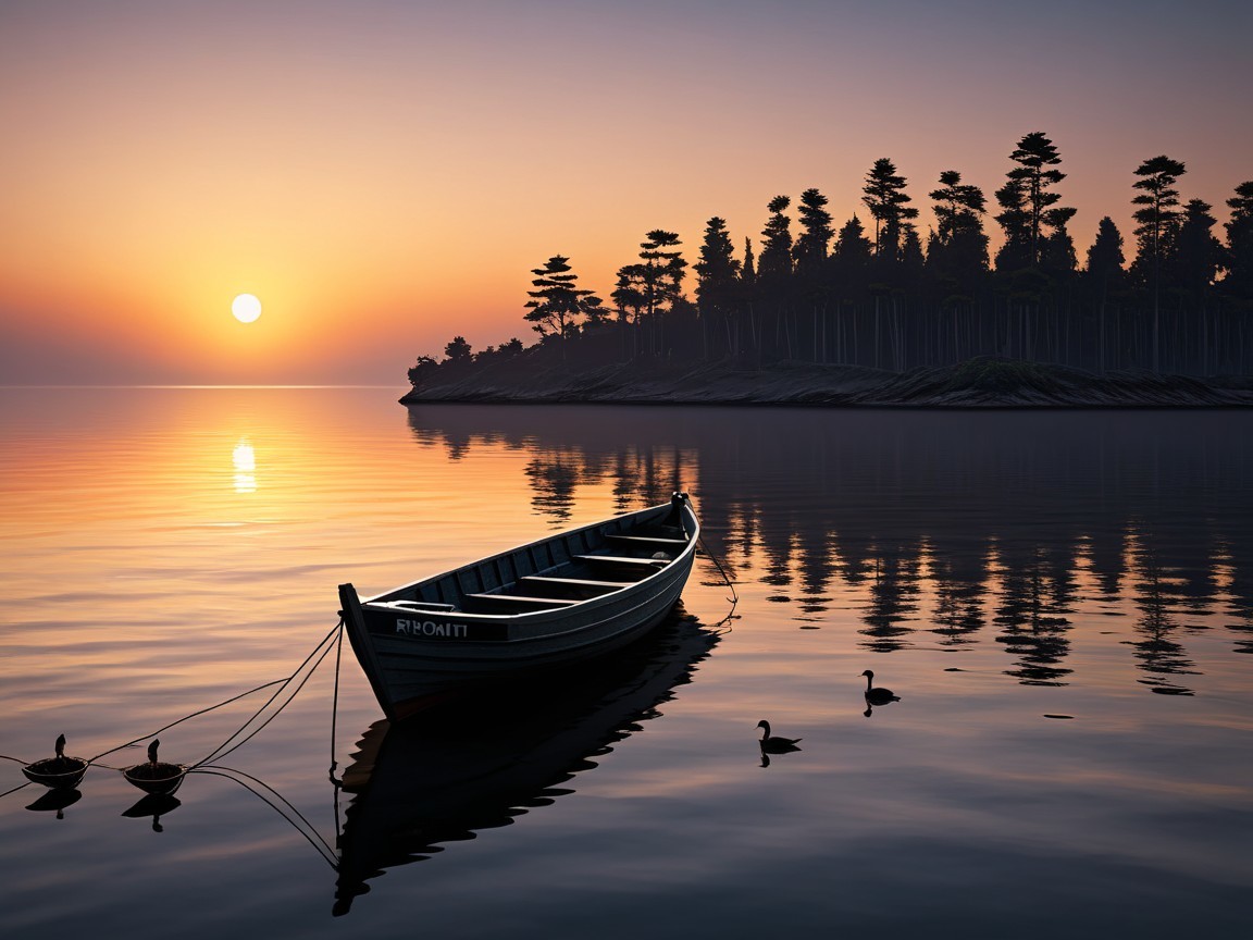 Tranquil Landscape with Sunset and Reflections