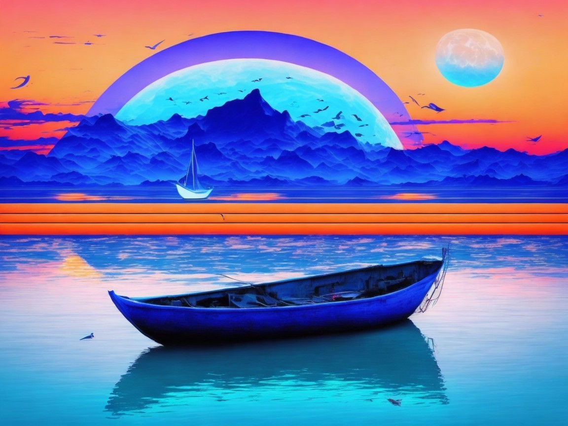 Serene Digital Artwork of Sunset and Moonlit Landscape