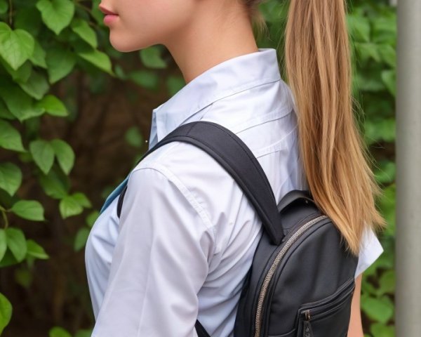 Young girl in white shirt and blue skirt amidst greenery