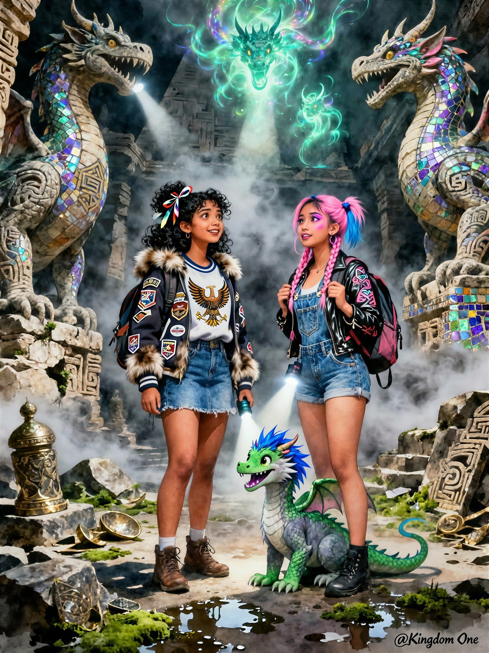 Young Women and Dragon in Ancient Ruin Exploration