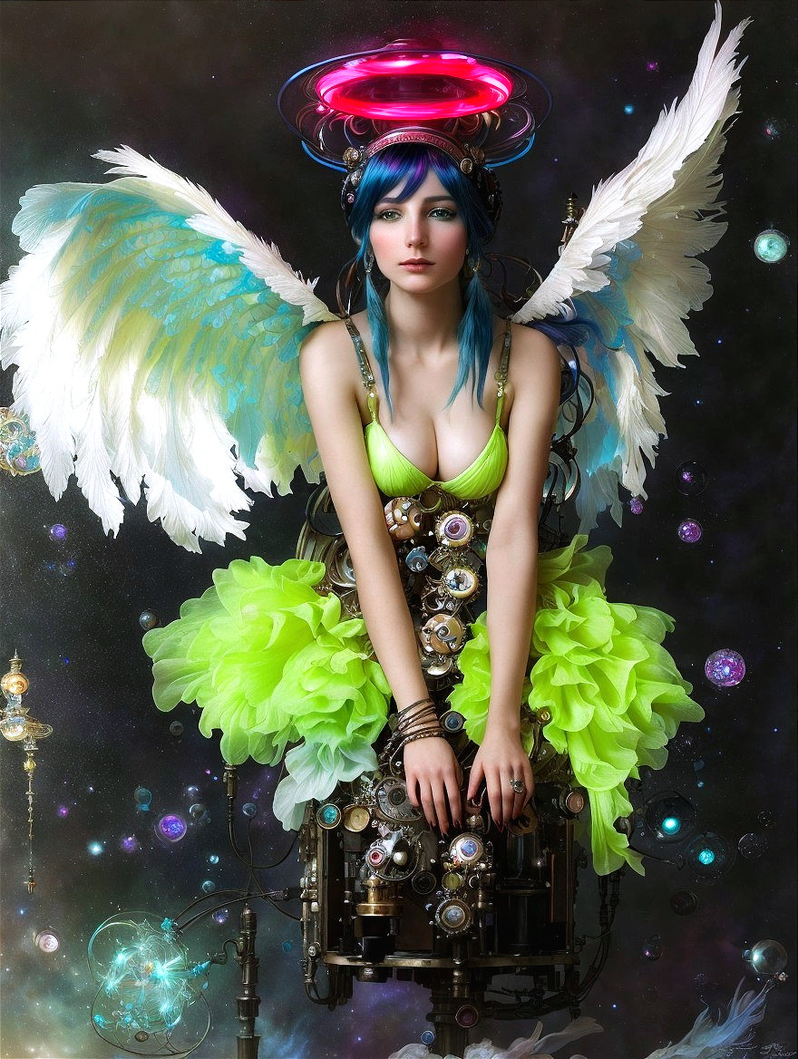 Fantastical figure with blue hair and white wings