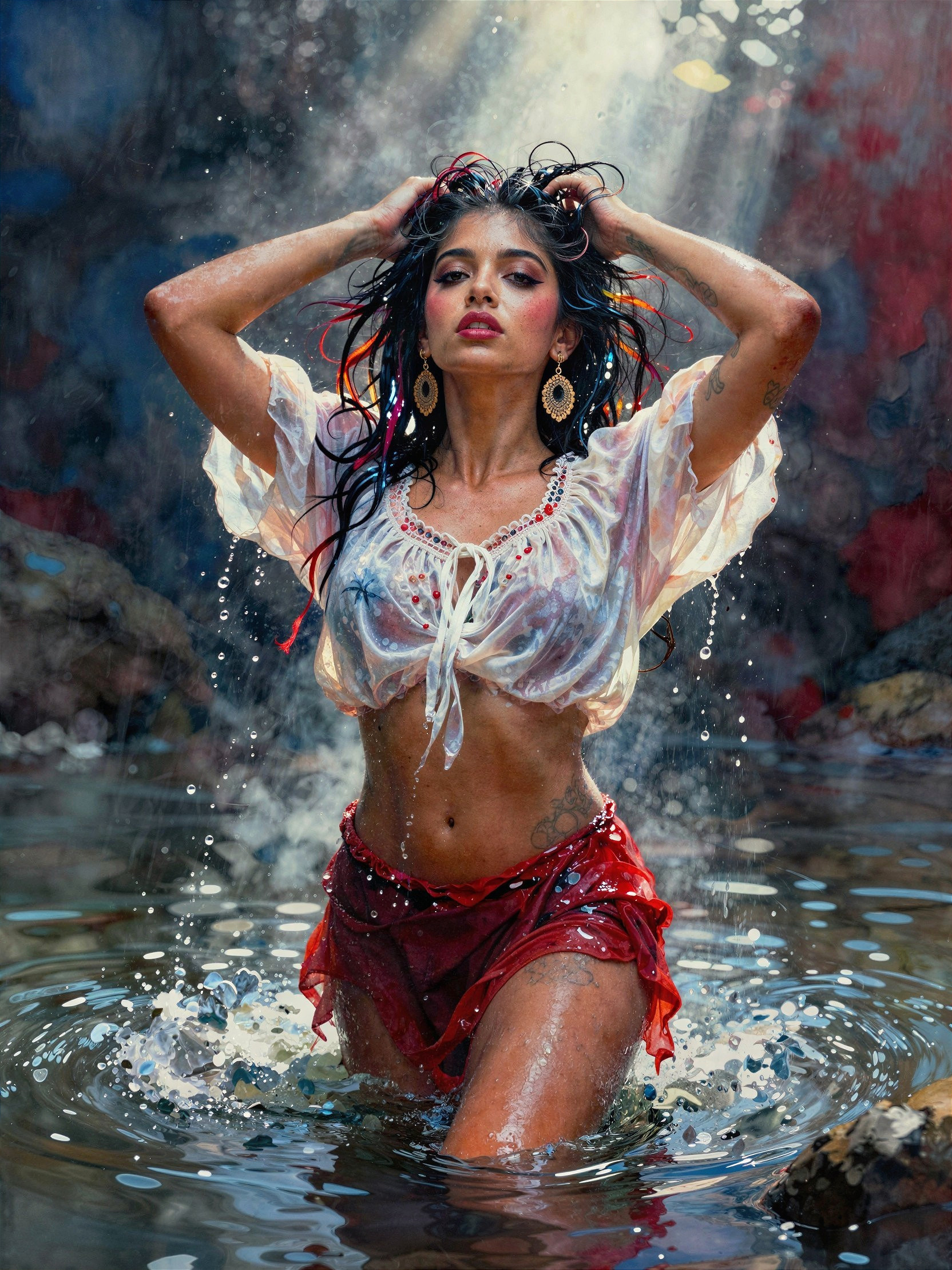 Hyperrealistic Painting of Woman in Jungle Waterfall