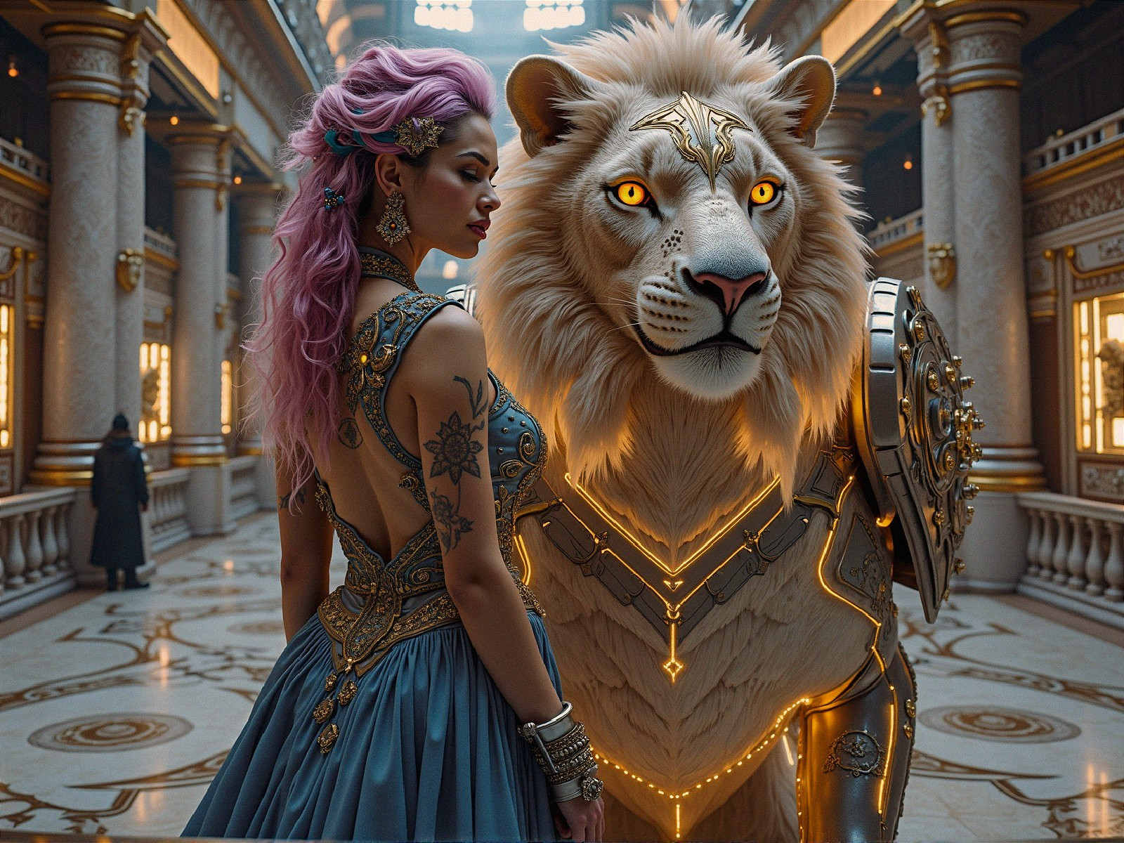 Opulent palace scene with pink-haired woman and lion