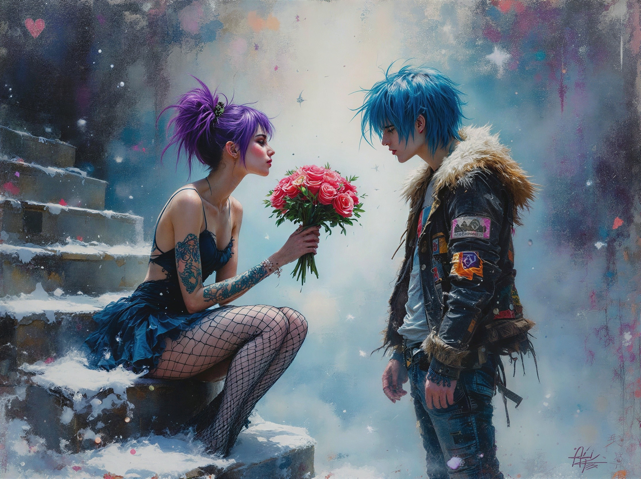 Surreal Anime Oil Painting of Snowy Scene with Figures