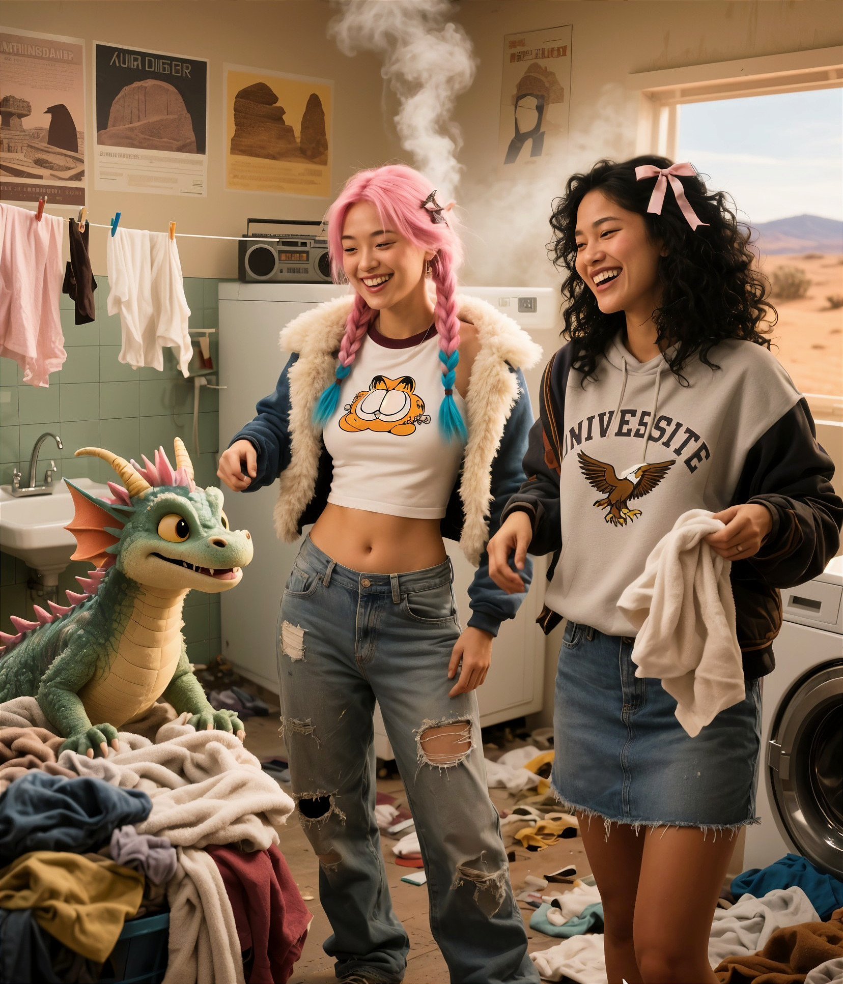 Women in a Laundry Room with a Dragon and Clothes