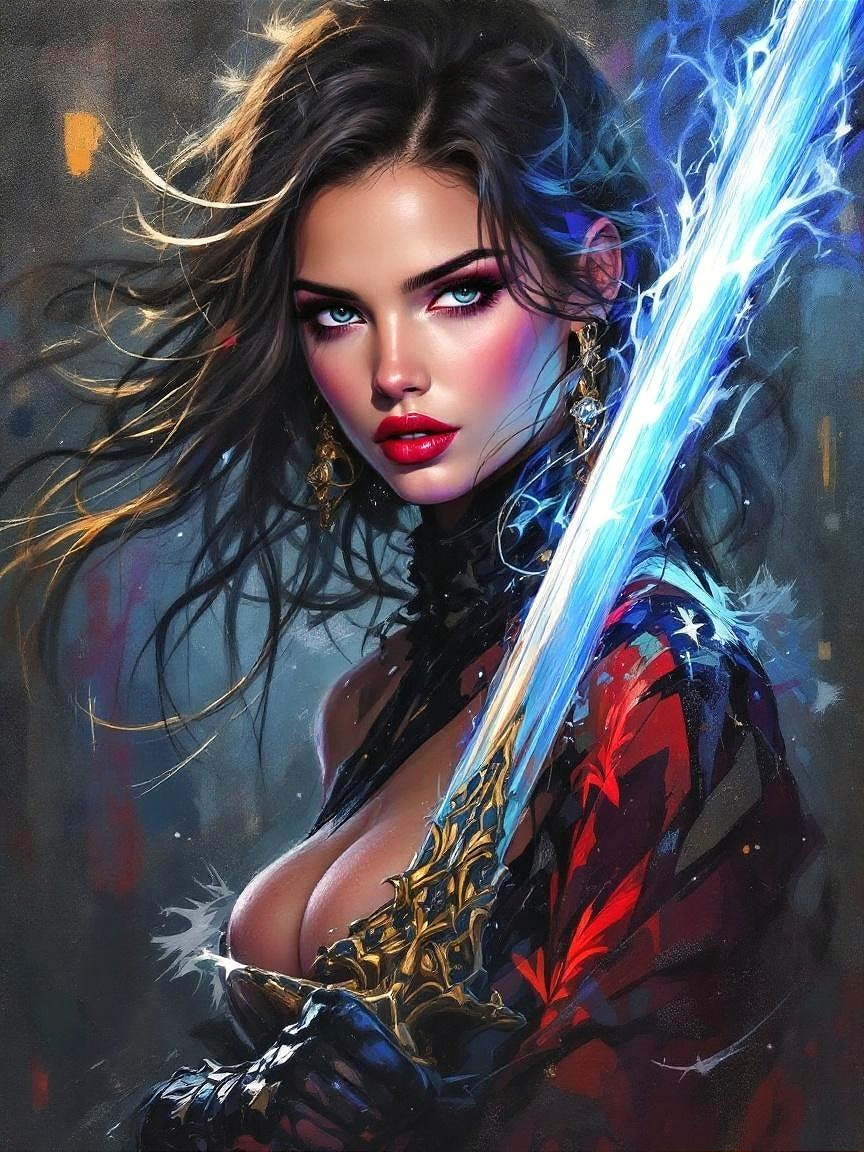 Fantasy Illustration of a Woman with Glowing Sword