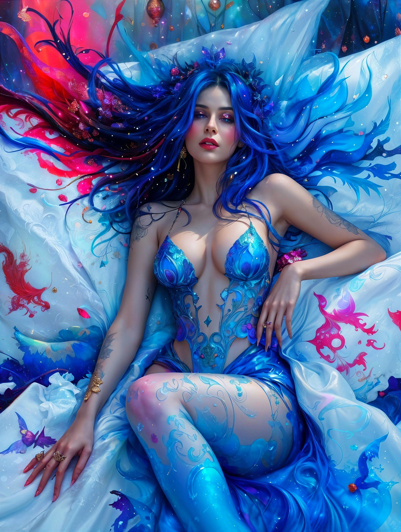 Stunning Woman with Blue Hair and Fantasy Backdrop