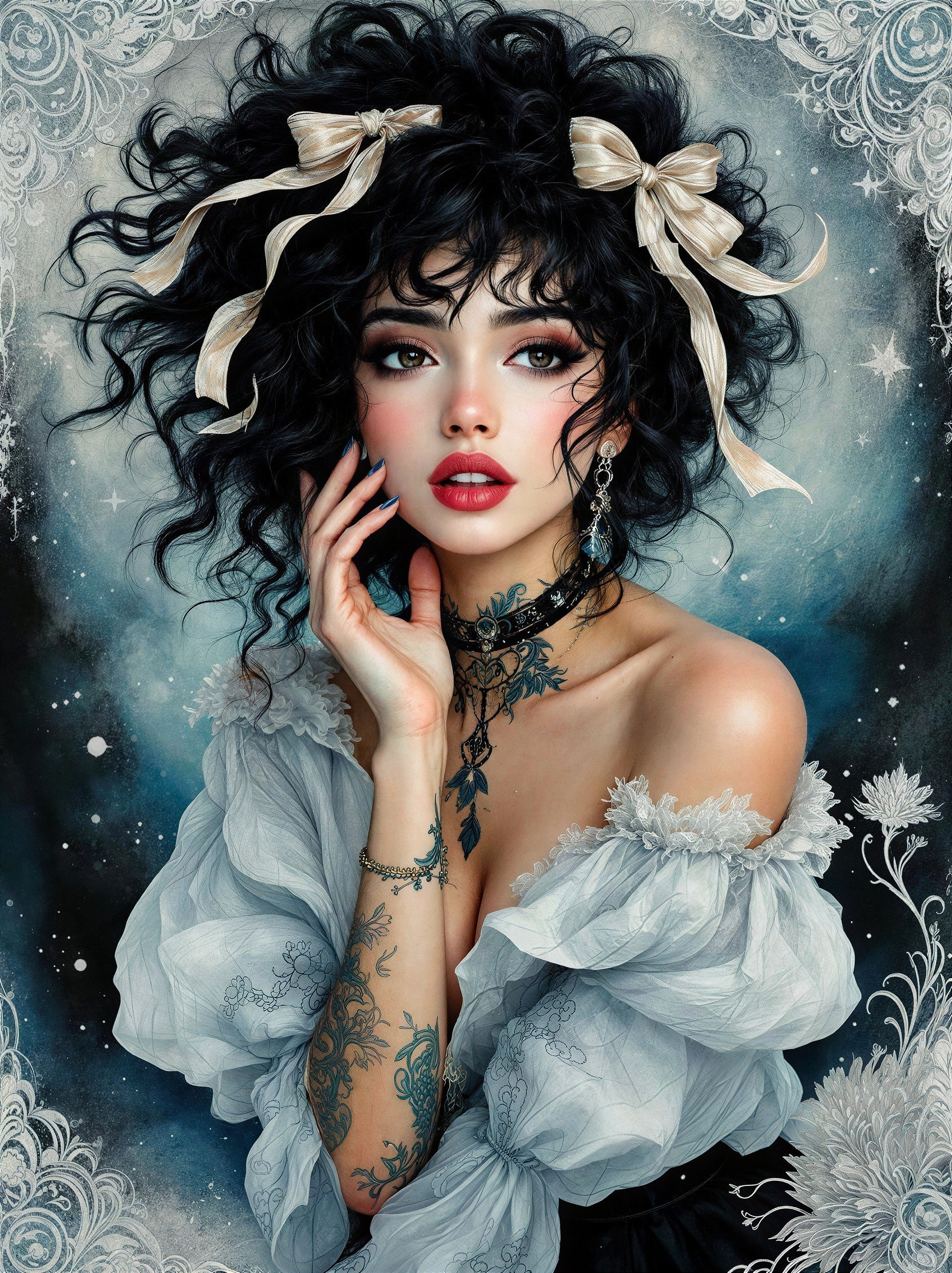 Portrait of a woman with dark curly hair and tattoos