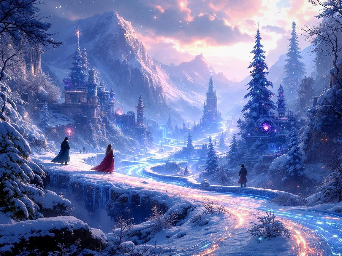 Winter Landscape with Snow-Covered Mountains and Castles