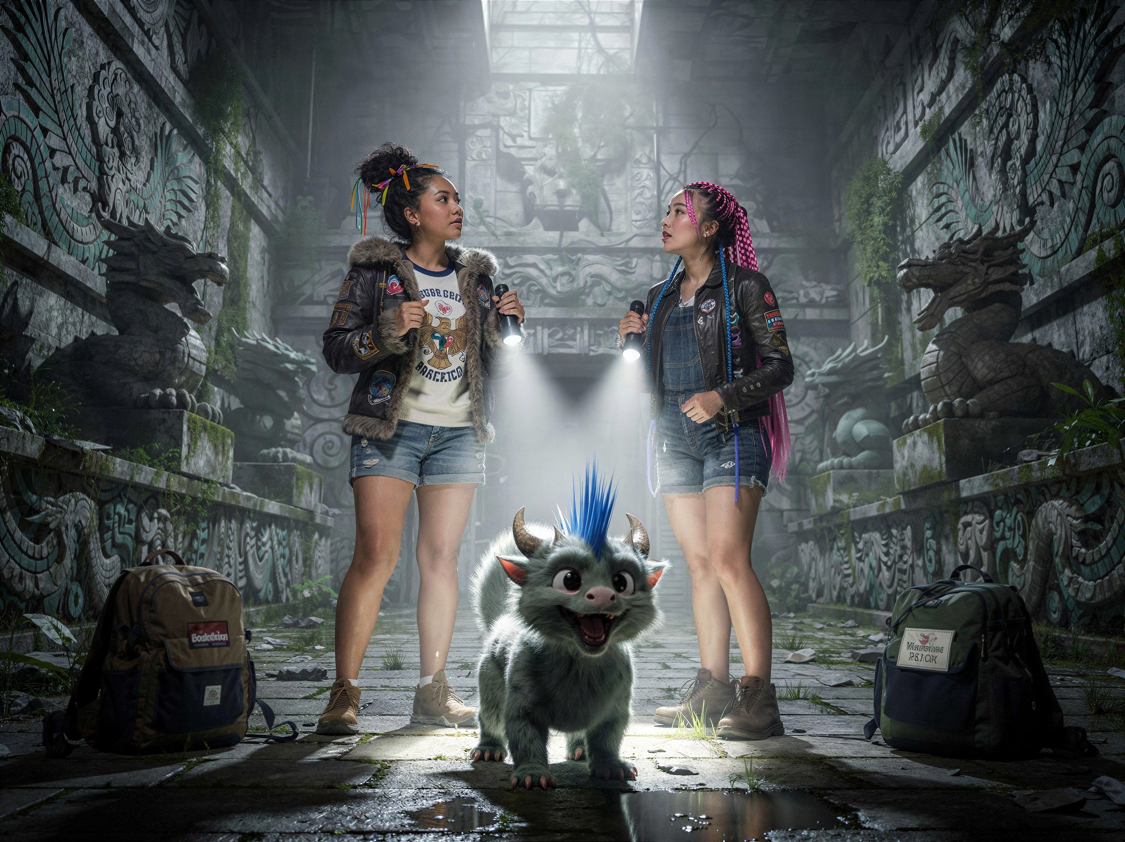 Women and a fictional monster in an ancient temple