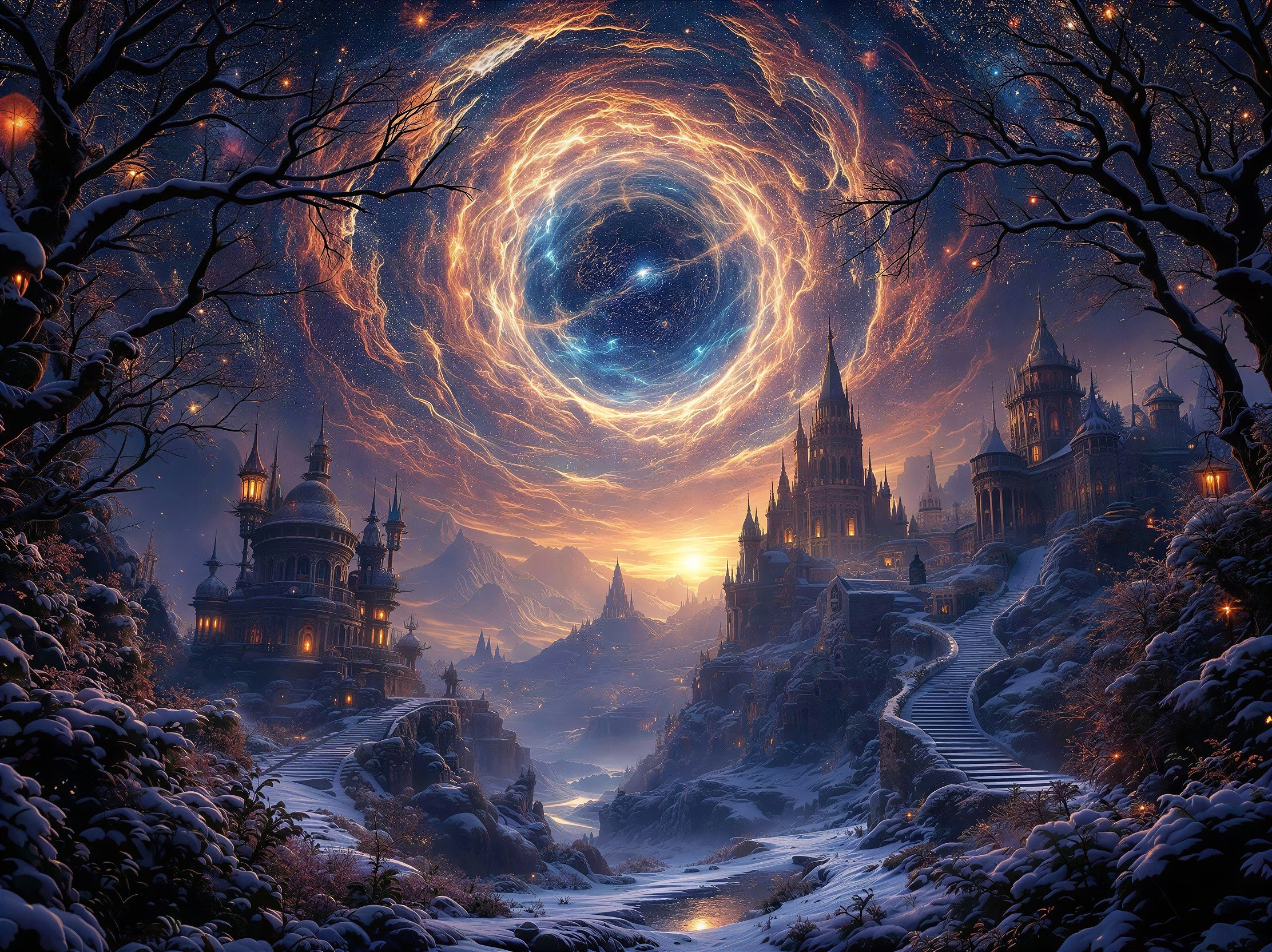 Winter Landscape with Castles and Cosmic Vortex